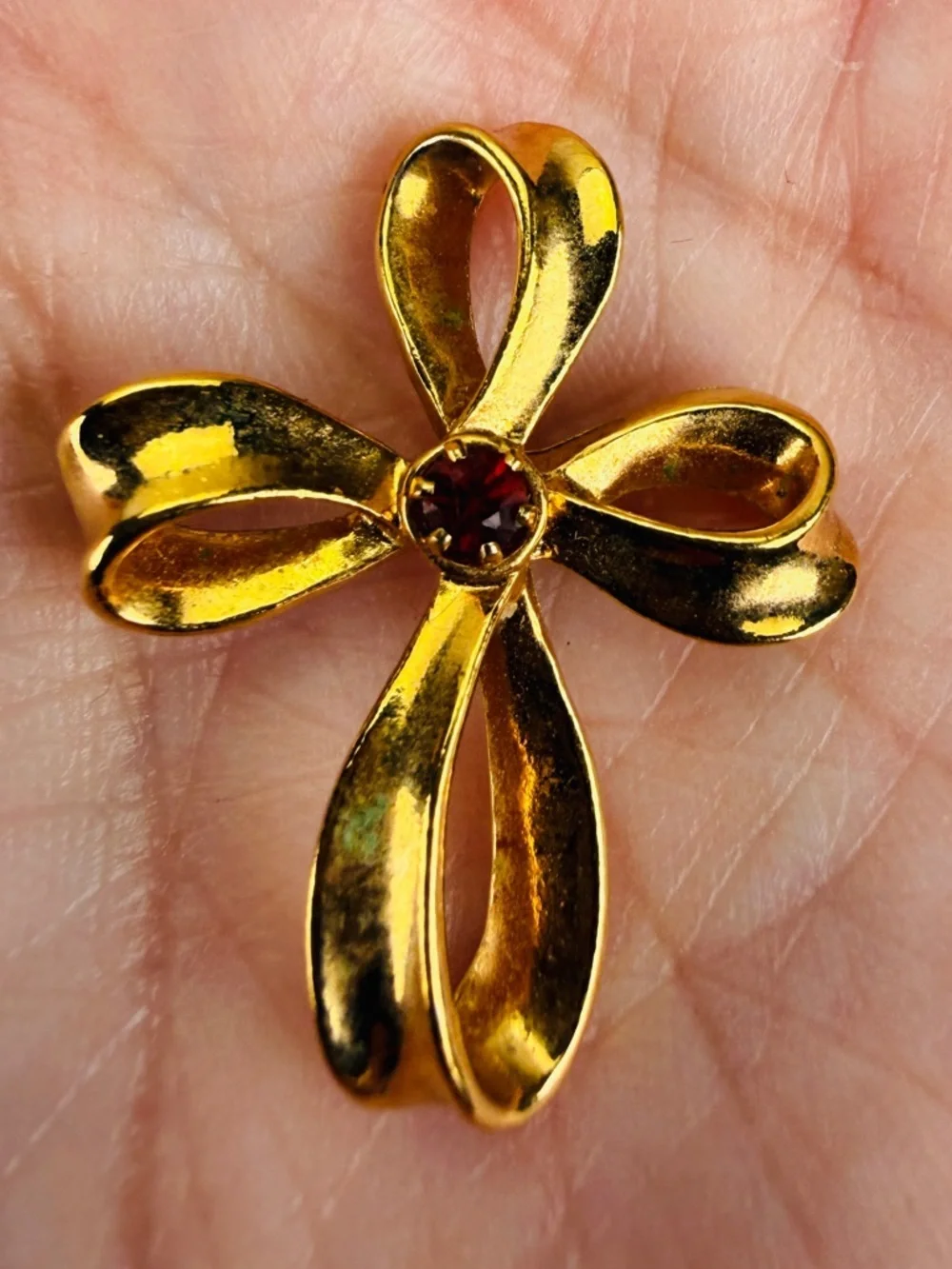 Vintage Goldtone Cross Pendant with Red Center Accent